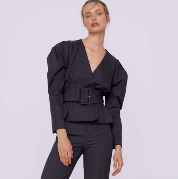 NWT* Zara Belted Puff Shoulder Poplin Wrap Blouse Black Top Shirt - Picture 3 of 12